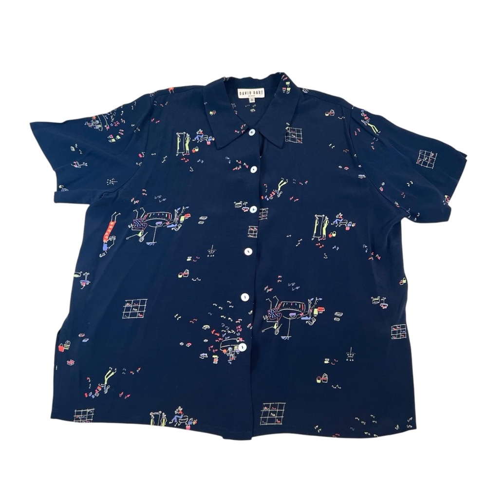David Dart Womens Navy Blue Vintage Art Print Button Up Top 1X